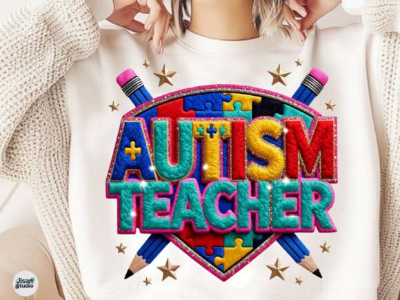 Exploring the Autism Teacher Faux Yarn Embroidery PNG