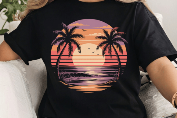 Vintage Beach Sunset Palm Trees PNG for Coastal Designs
